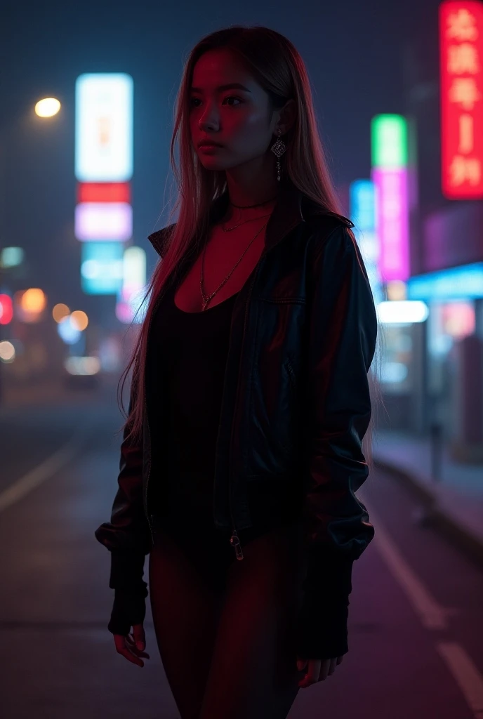 masterpiece, top quality, slender, neon light, earrings, DIFFERENT, black jacket, black leotard, tights, black gloves, night, abandoned city, (Cautious Viewing:0.9),(long hair), bright lighting on the girl