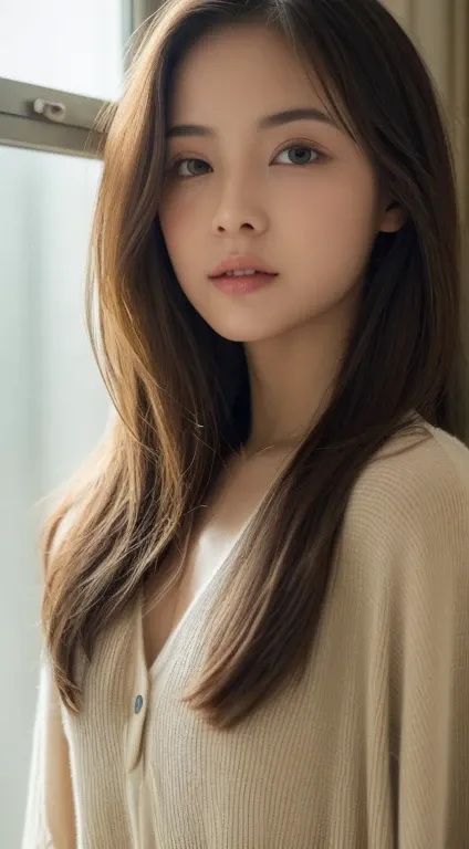 ((Best picture quality, Lens soft focus effect，Image color：cold shades，8k, tmasterpiece:1.3)), 1girll, Beautiful woman with slender abs:1.3, (Random messy long straight hair，No leakage of big breasts:1.2), Long loose white shirt（Or a morning gown），Secure t...