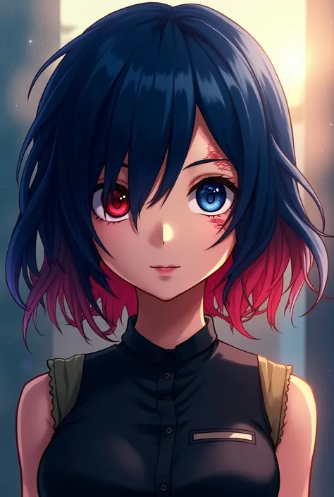 beautiful girl, short hair to the shoulder, blue hair and red at the nape of the neck, blue eye on the right, red eye on the left with a scar cut from the eyelid down, calm eyes, not smiling, boku no hero academic manga