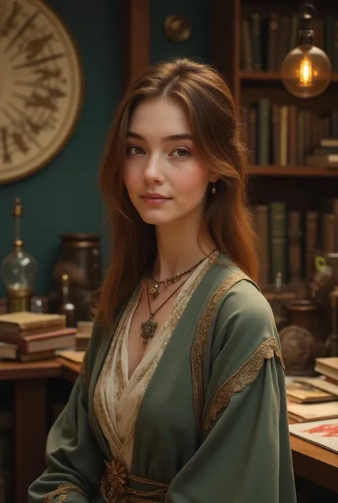 Brown-haired beauty,Short, straight.
Astronomer style clothes , planetary accessories .
kind,Gorgeous,bright.
 The background is a medieval laboratory,Libra.