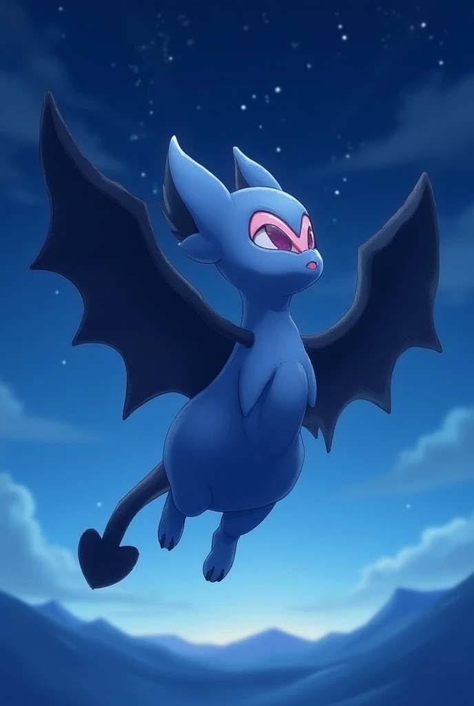 Fletiamo flies high in the night sky over a vast landscape.  Fletiamo is a bat-like Pokémon ,  which is predominantly blue .  His head is shaped like a drop , What lies at the tips ,  grow together .  In his face there is a pink ,  heart-shaped Nose with a...