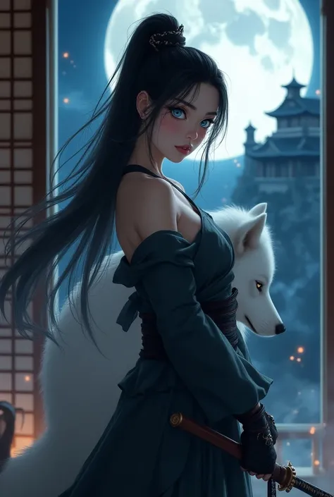 masterpiece, best quality, ultra-detailed, extremely detailed, 4K, 8K, best quality, beautiful, realistic, real, dynamic angle, castle, Japanese-style room, night, moon, Starry sky, autumn, a pretty woman, solo, Ninja costume, Ninja, beautiful black hair, ...