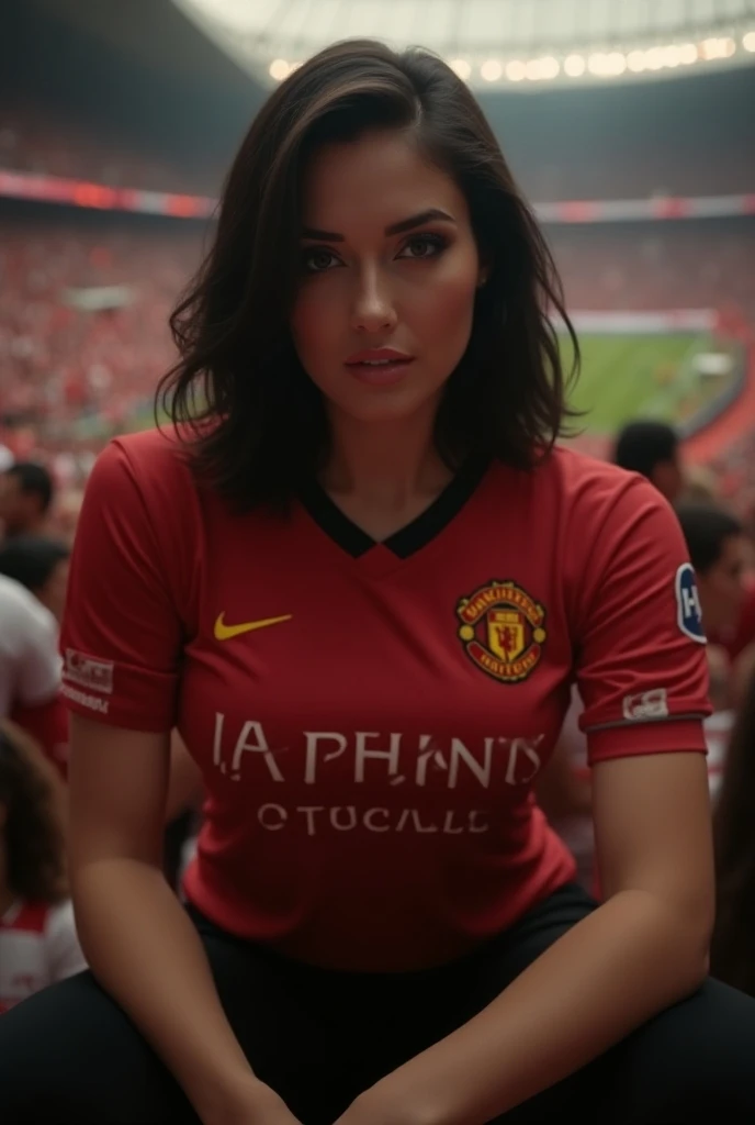 
" A racy scene in a football stadium focusing on a sexy womans curvaceous body filled with shoulder-length black hair . She was wearing a MU FC mens jersey itting on a bench among the other fans .  The background showed a blurred outline of the cheering c...