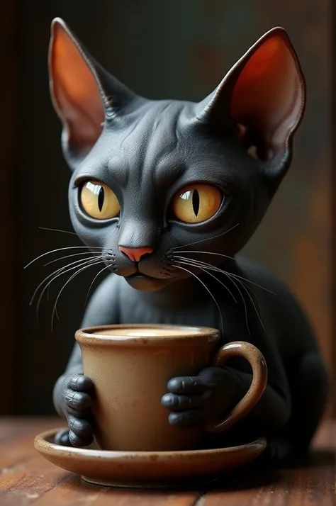 ((best quality)), ((masterpiece)), (detailed), dark gangter sphinx cat drink coffee