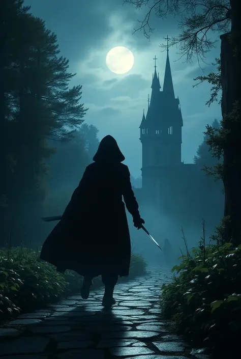  in the castles backyard where moonlight shines in 、 the assassin is quietly advancing through the shadows 。 behind him {x} a shadow monster is chasing him while changing shapes。 the assassin wears a black hood 、Carrying two daggers 、 watching the monsters...