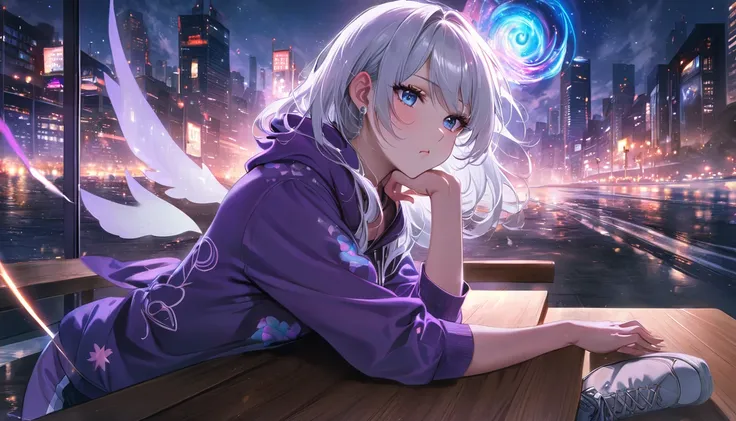 ((Best quality, 8k, Masterpiece:1.3)), Ultra-detailed, Realistic hands, Perfect anatomy, An anime girl named Aeliana, flowing white hair, sky-blue eyes, cozy purple hoodie pulsating with energy and shifting symbols, purple capris with a cosmic pattern, whi...