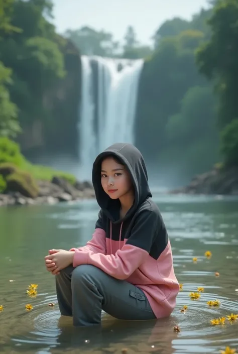 Beautiful malay girl hijab, white skin, well-groomed face, , thin smile, pind and black hoodie, knee-length cargo pants, sitting pose soaking in very clear river water, small stones, small yellow flowers, very beautiful waterfall background, original photo...