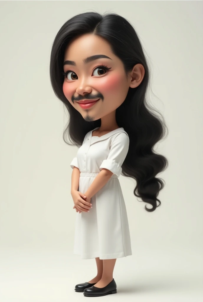 Realistic 3D caricature with big head and small body. : a beautiful woman with long hair style with thin moustache and thin beard aged 38 years from indonesia wearing a white dress and black shoes, facing forward with both hands clapped, womans face, best ...