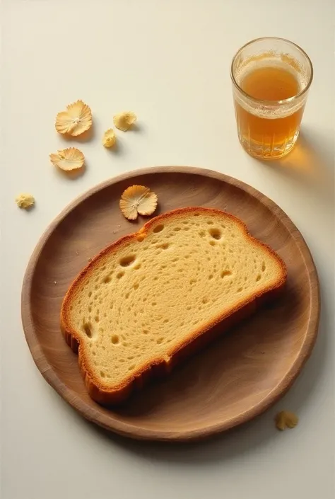 A still life setup featuring a single slice of rye bread on a wooden plate, captured in oil paint from a birds eye view. The warm tones of the wood and golden hue of the bread are juxtaposed against the cool, creamy white of the plate. Soft, feathery strok...