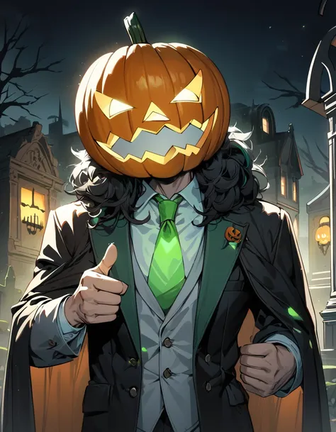 ((masterpiece)、(absurdres)、(ultra detailed)、(4K),Anatomically correct,Alone,Horror、 pumpkin mask ,suit:1.2、Thumbs up, graveyard、ghost lighting:1.3,glow lighting:1.3,upperbody shot, Hero Costume、Robe、 evil cloak 、 glowing green :1.3,Mustache:1.3,Birds Beak ...