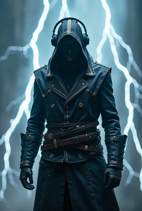 assasin creed with headphones on his head and lightning in the backgroud and his costume written xtremia