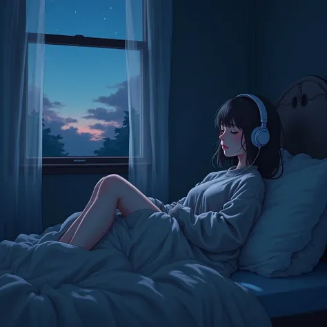 a girl, lying sleeping, wearing a big sweater, wearing headphones, legs covered with a blanket, lofi, calm, calm atmosphere, in her room looking at the window, cool, night, quiet night, masterpiece, best quality