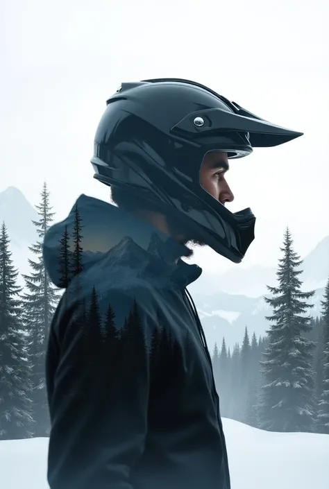 Triple exposure of the silhouette man  facing front camerawearing a motocross enduro black shinny helmet profile , mountains, nature beauty and wonder, magical, majestical,black and white colors,snow with pine trees
