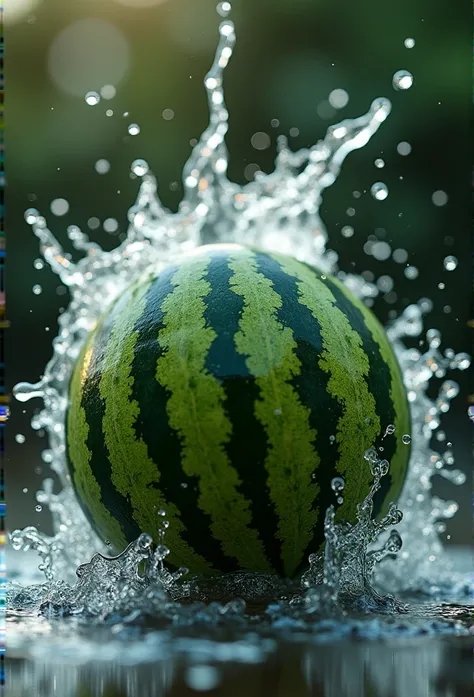 Cinematic RAW photos ，Super real photos，Super real photos， DSLR， soft lighting ， Product photos of watermelons falling into water、 dripping of water 、 spills clear liquid 、Shuihua ，Dynamic composition，(Main Part) ( is the best quality) ( detailed ) ( Nippl...