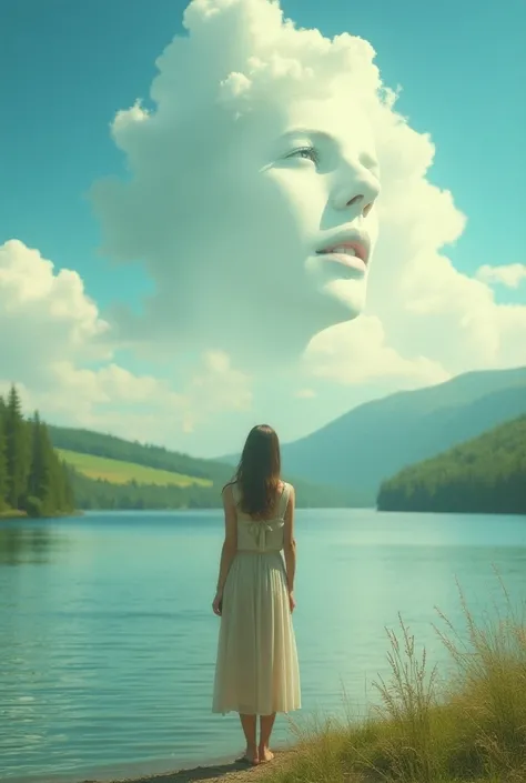 An image in 16-9 format/16:9, A woman on the shore of a lake , and a man &#39; s face in the clouds like a distant thought of an old love.Lots of light and colorful 