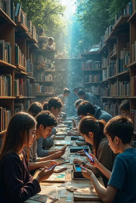 on the right side, people are reading books, creating digital technologies, making various discoveries and sharing knowledge.  and on the left, people are spending their time looking at the phone and the phone is dragging them into their trap.


