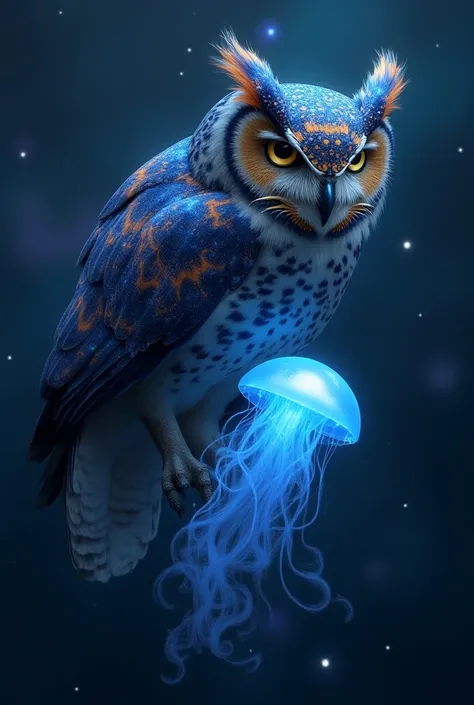 Galactic owl protecting a blue jellyfish 