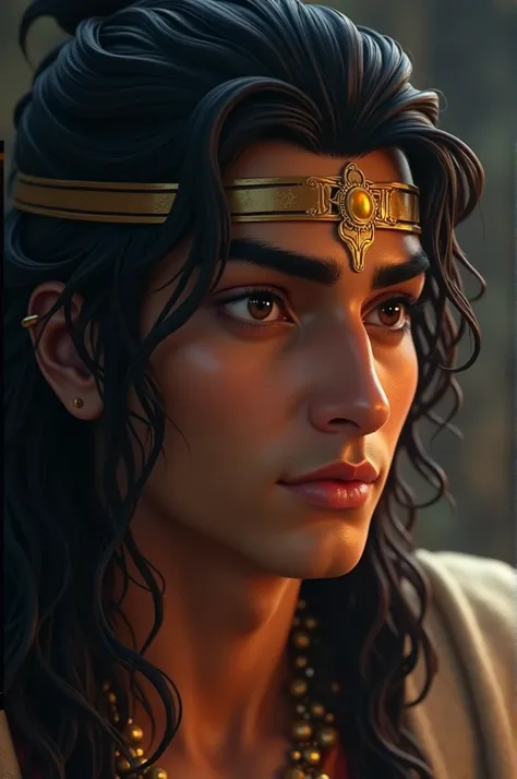 Depict Arjunas face with a focused and attentive expression. His brows are slightly furrowed, showing deep concentration, and his eyes are wide, reflecting respect and curiosity as he listens intently. His sharp features include a strong jawline, with his ...