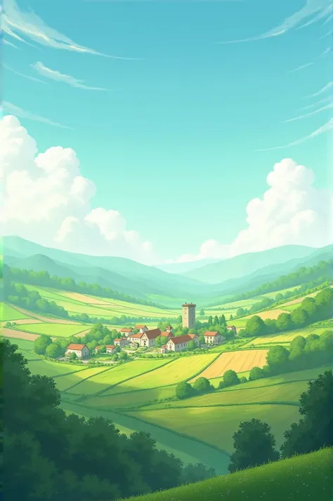 Background :  A view of a lush village with rows of fields in the distance. There are soft clouds in the sky and sunlight is shining on the earth.