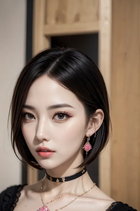 (masterpiece, best quality:1.2), 1girl, solo, short black hair, gorgeous brown eyes, shining eyes, gorgeous eyebrows, gorgeous long eyelashes, red eyeshadow, detail lips, pink lips, earrings, necklace, ((extremely close up)), ((extremely detailed face))