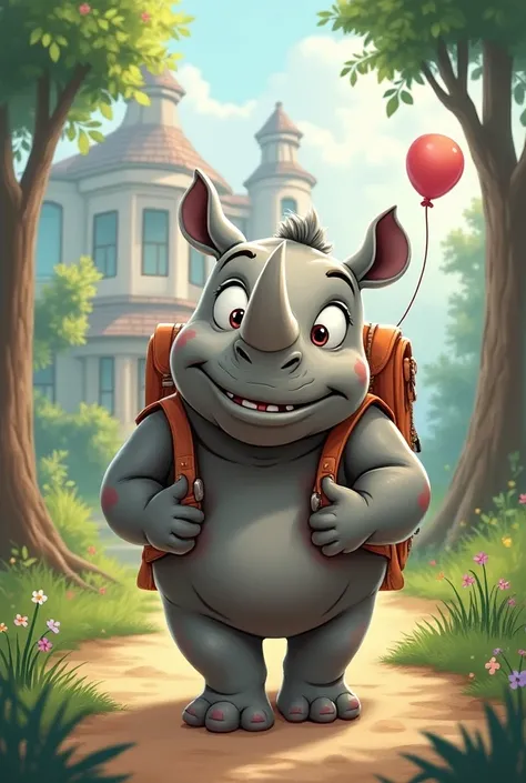 
Disney style rhinoceros with satchel on the back goes to school. smile, 