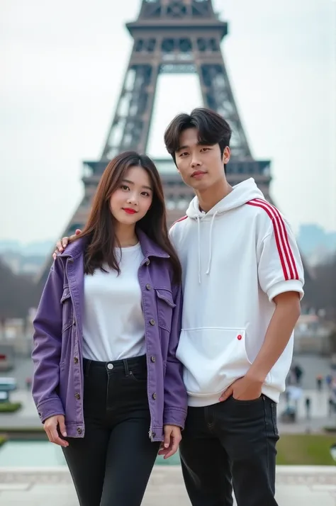 romantic couple korean couple. beautiful korean woman wearing a white t-shirt purple denim jacket, and handsome korean man with trendy hair, wearing a white short-sleeved hoodie with red stripes, black jeans, standing in front of the eiffel tower, with a v...