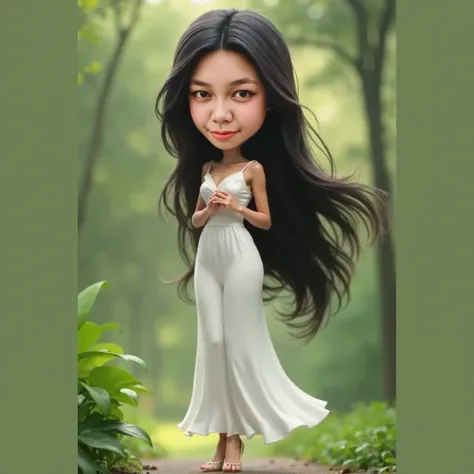 Realistic 3D caricature with big head and small body. : a beautiful woman with long hair style, 38 years from indonesia wearing a white dress and white glass shoes, facing forward with both hands clapped, background in the park, womans face, best quality, ...