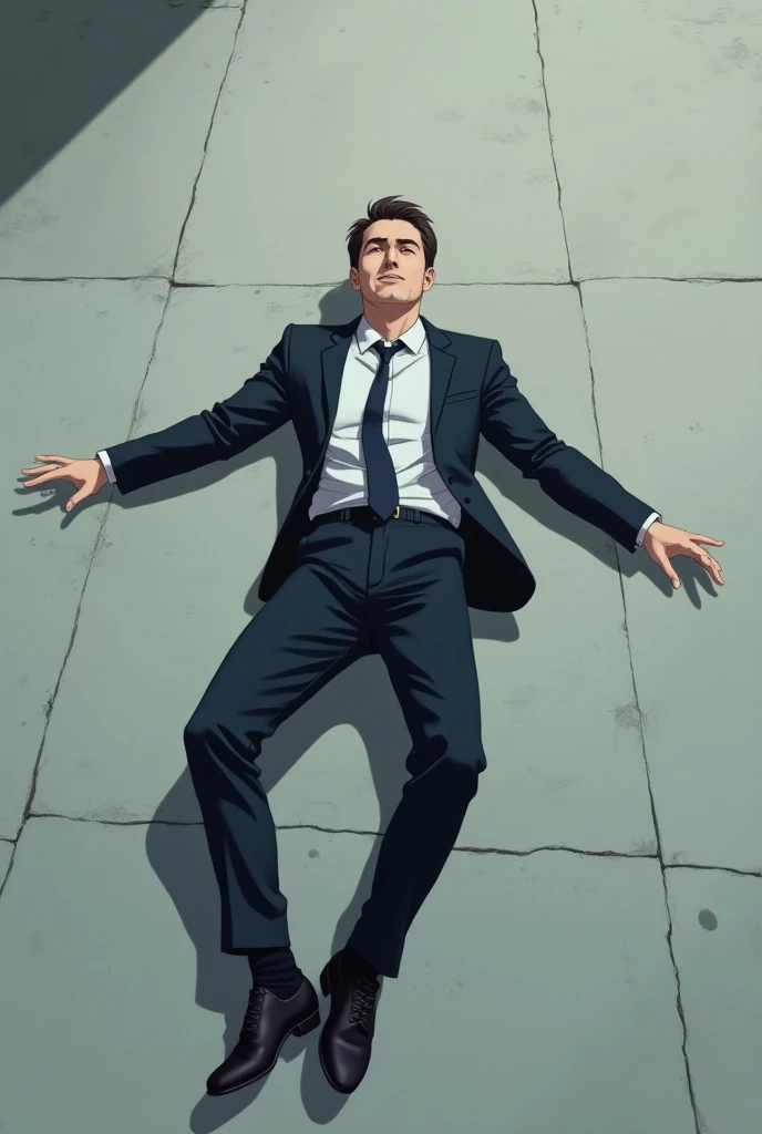 Anime-style man with a professional suit laying on the concrete floor