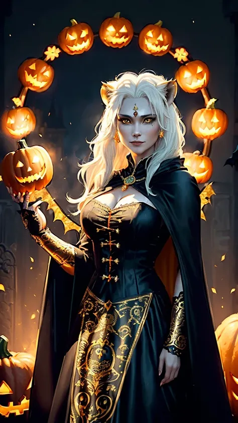 ((Confident female white-haired lioness warrior:1.3), (regal bearing:1.2), (fierce golden eyes:1.1), (ornate halloween-themed noble attire:1.2)) BREAK ((elegant black and orange dress:1.2) with (flowing cape:1.1), (golden armor accents:1.1), (intricate lio...