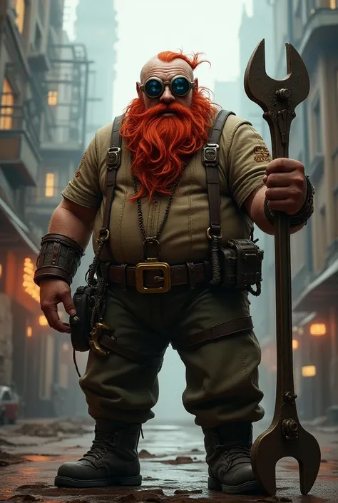 ,( ,4K,8k,  High resolution  ,  masterpiece:1.2),super detailed,  full body , man,  slightly overweight , nortico , mature face,  steampunk mechanic ,  holding a large wrench,  red hair with braids , red beard with braids , futurist, With gadgets , with pr...