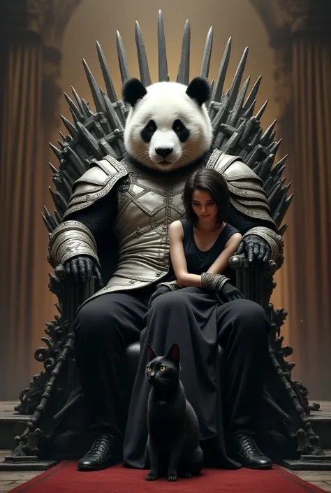 Panda in white armor, Sitting on the Iron Throne, with a white woman sitting on her thigh short black hair , and a black cat