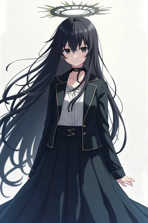 1girl, Anime, Black Hair, Long Hair, Black Eye, Halo, Long Skirt, Jacket