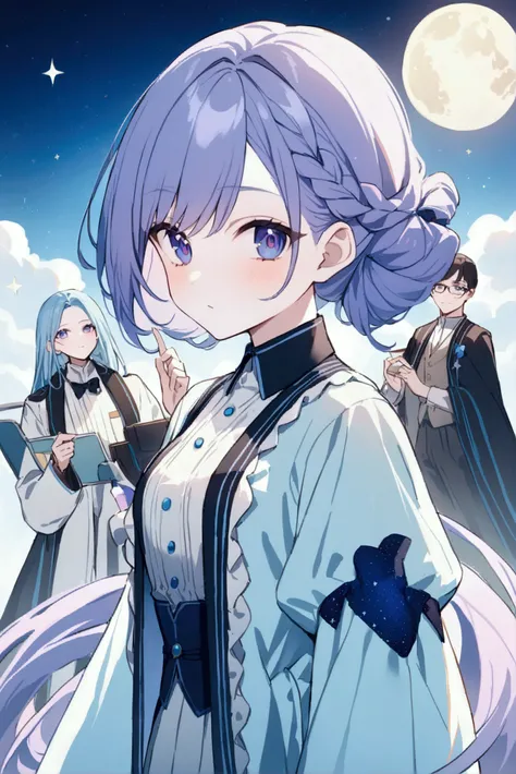 three people, scientist, historian ,asasin  ,  everyone has pale skin ,  everyone has blue-sky hair ,  they all have blue-blue-purple eyes with starry glitter