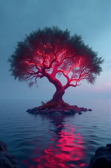 A tree between the sea on a small Island with red leaf neon lights