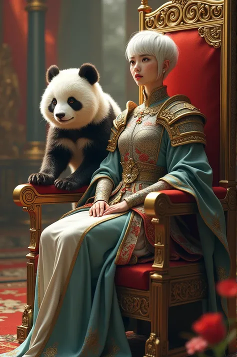 White woman with short hair ,  sitting on the throne and a panda in armor 