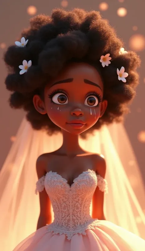 A young Black woman with a radiant face but tears gently streaming down her cheeks, standing in an elegant wedding dress surrounded by a soft glow. Her eyes express deep emotion, a mix of joy and uncertainty. Her hair is styled in natural curls adorned wit...