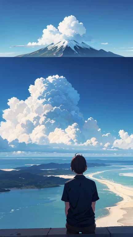 Spectacular views、Giant tsunami、Overlooking、blue sky、Cumulonimbus