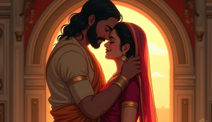 Govind and Lavanyavati reuniting – A heartfelt reunion of Govind and Lavanyavati at their home. Govind embraces his wife, filled with admiration for her loyalty and courage, while Lavanyavati smiles with relief and joy.