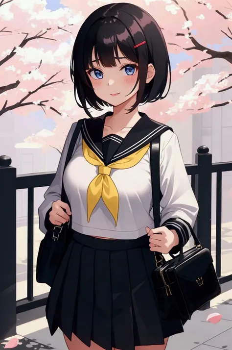 kirigaya_suguha, 1girl, solo, black_hair, breasts, school_uniform, skirt, blue_eyes, bag, hair_ornament, hairclip, large_breasts, short_hair, pleated_skirt, smile, looking_at_viewer, blush, sailor_collar, white_background, long_sleeves, bangs, petals, neck...