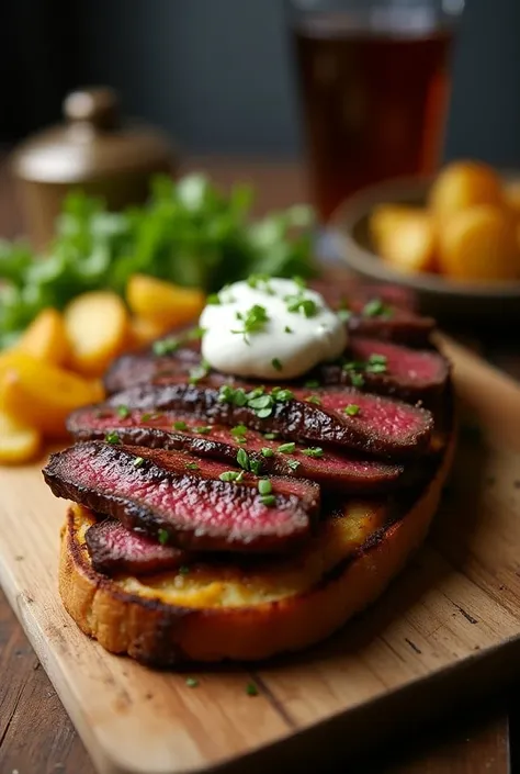 extra thick bucket、Open sandwich with beef steak、extra thick bucket、 French Potato Garnish、Green salad、REFORT CREAM 、