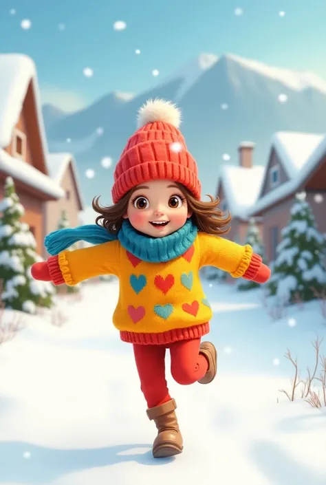 A girl with big round eyes in wet brown ,  wearing a red silk hat, wearing a yellow knitted sweater with colorful hearts, red trousers, a blue scarf, black boots, running merrily in the falling snow, on the floor there was a white snow, there was a peoples...