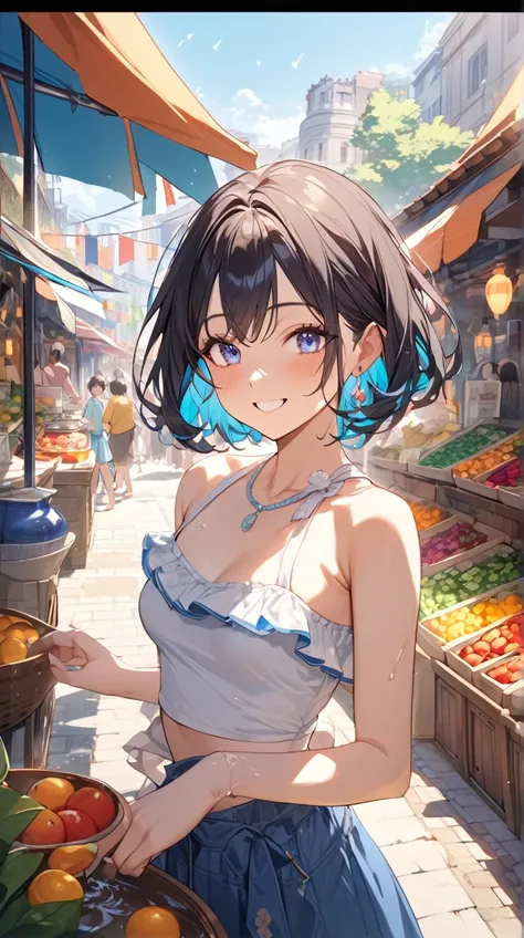 One Girl、A happy smile、Bright Eyes、Short Hair、 casual clothes 、 Playful Poses 、 pottery skin、Small breasts、Splash、 Vibrant Atmosphere 、  
break、  
 City of Water on a Clear Day 、（ Bright Lighting :1.3）、 brightly colored 、 fun vibe、 Playful Light 、Cheerful ...