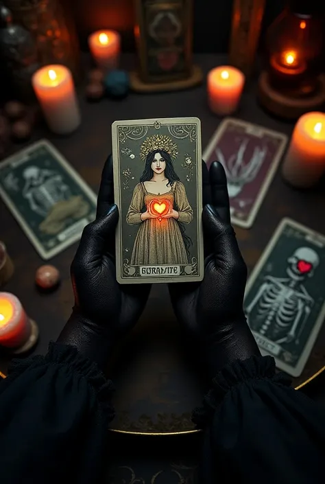 A mystical scene showing a pair of hands with dark lace gloves holding a tarot card with detailed, gothic-style illustrations. The tarot card shows a figure wearing a crown of flowers and holding a glowing heart. Surrounding the main card are other tarot c...