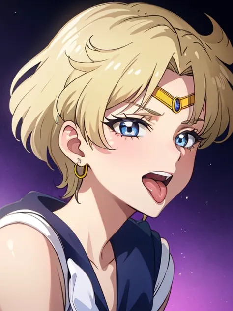 (masterpiece), Best Quality,  Expressive eyes ,  perfect face,  Open your mouth , cum on tongue, In the mouth, tongue, tongue out,  short hair, , smile, Ahegao, medium breasts,  short hair, Sailor Moon Uranus, blonde, , sweat