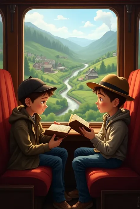 Two boy detective friends are traveling in a train cabin. A friend is reading a book and looking out the window