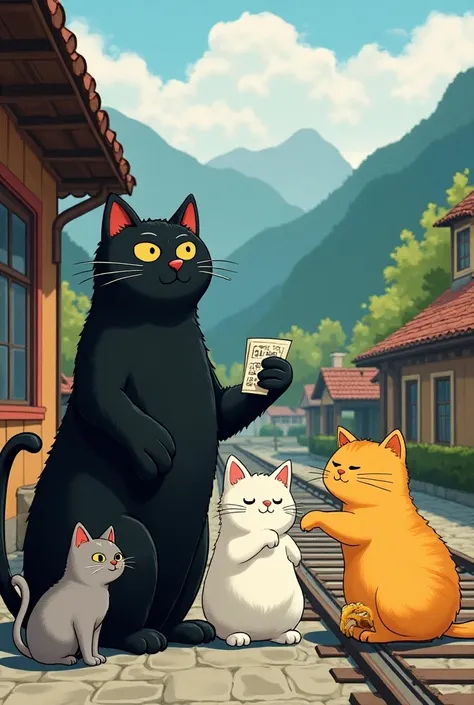  A strong black cat living at a train station in a mountain village with a view of the railroad tracks , A gray cat that obeys the boss , A fat yellow cat that likes to eat , Draw a picture of a cat personifying a cat on one screen according to the color s...