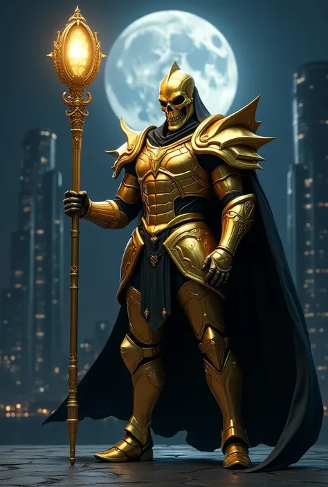 Golden Armor、The head of a golden skull 、 Golden Boots 、Black Cape、Silver Staff with Spherical Tip 、Hero Pose、Moonlit Night、Skyscraper