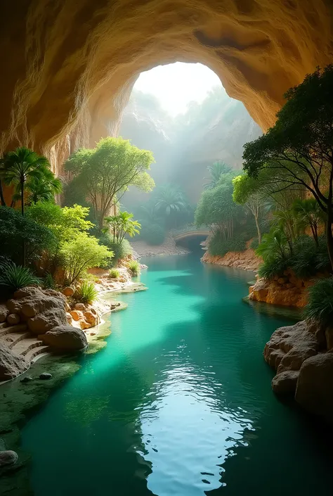 Underground world, subterranean paradise, vast underground space, luminous sand-beige ceilings, trees around a warm underground lake, bustling resort area,“Underground Paradise”written in the center of the photo,