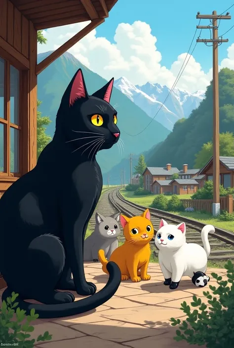  A strong black cat living at a train station in a mountain village with a view of the railroad tracks , A gray cat that obeys the boss , A fat yellow cat that likes to eat , Draw a picture of a white cat with leg problems on one screen according to the co...