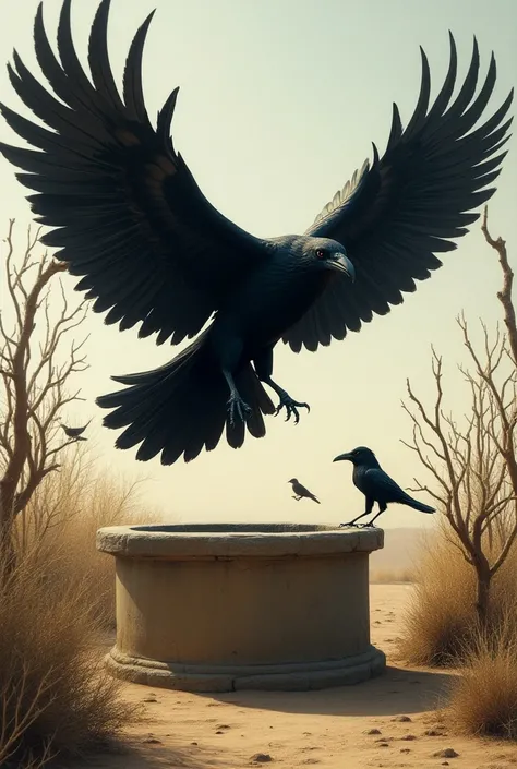 इमेज प्रॉम्प्ट: The crow flying towards an old well, its wings spread wide, with a determined look, surrounded by dry bushes and a few curious smaller birds following.